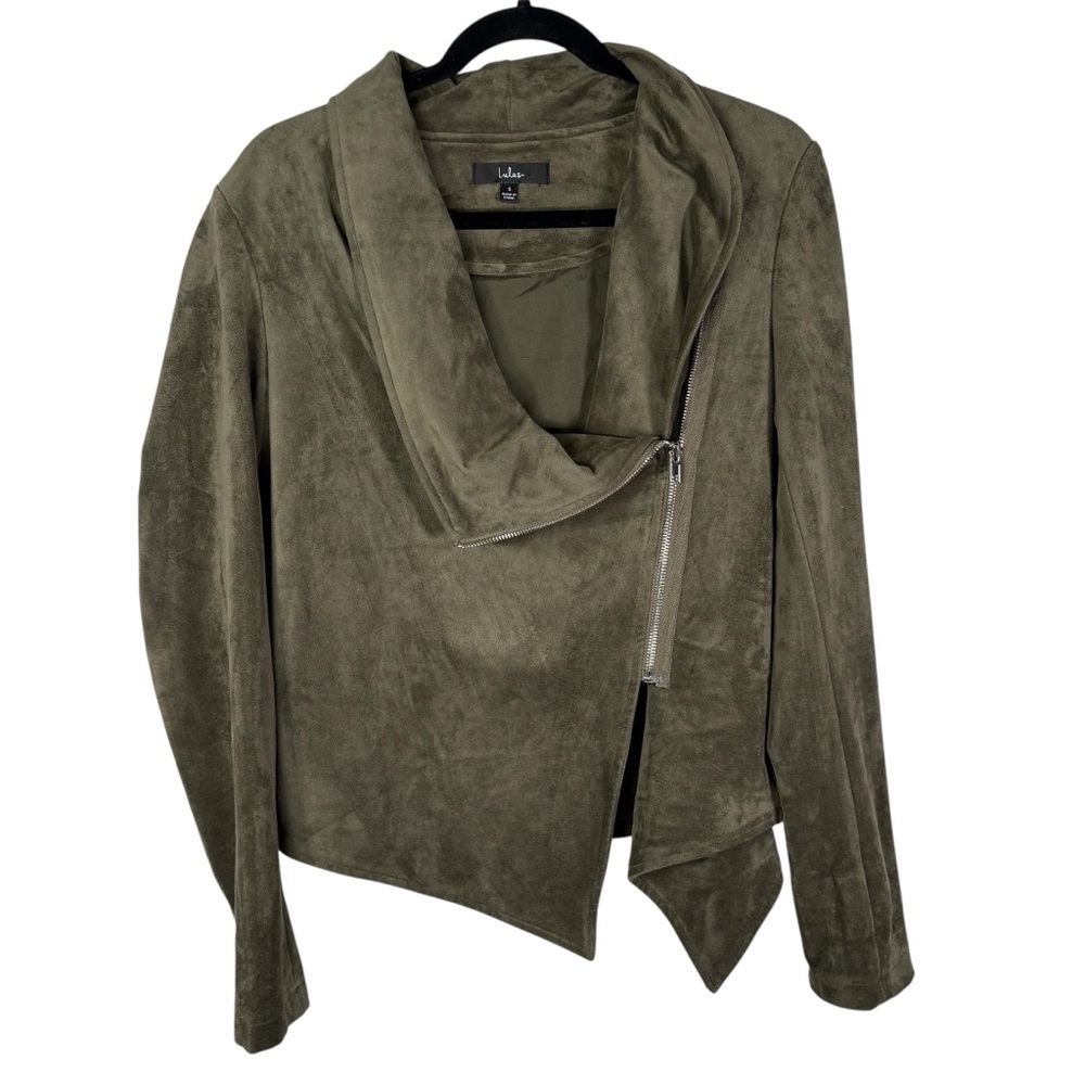 Lulu's Wild At Heart Olive Green Suede Moto Jacket Asymmetrical Zip Up Small - Picture 2 of 9